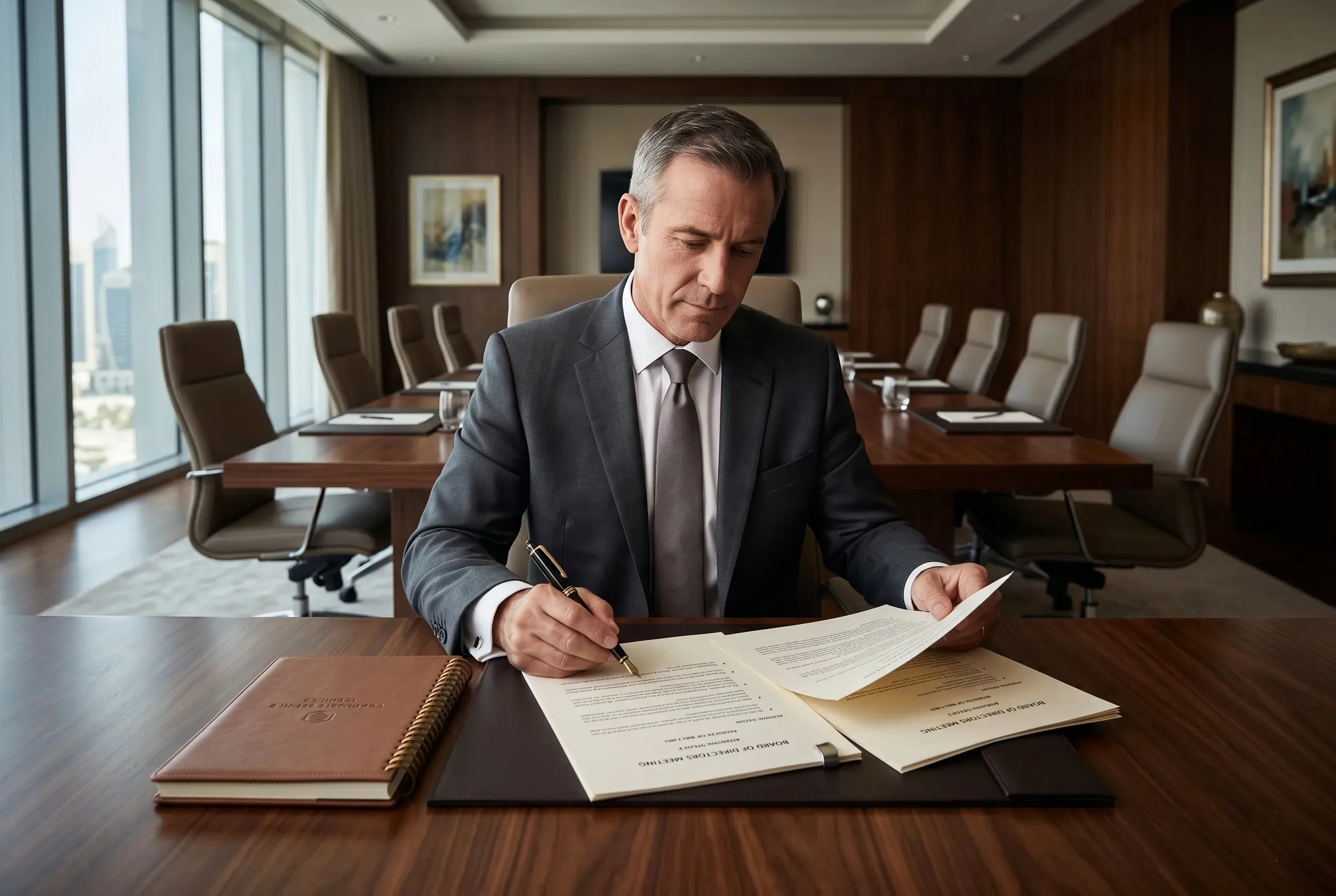 Corporate manager drafting a board resolution document