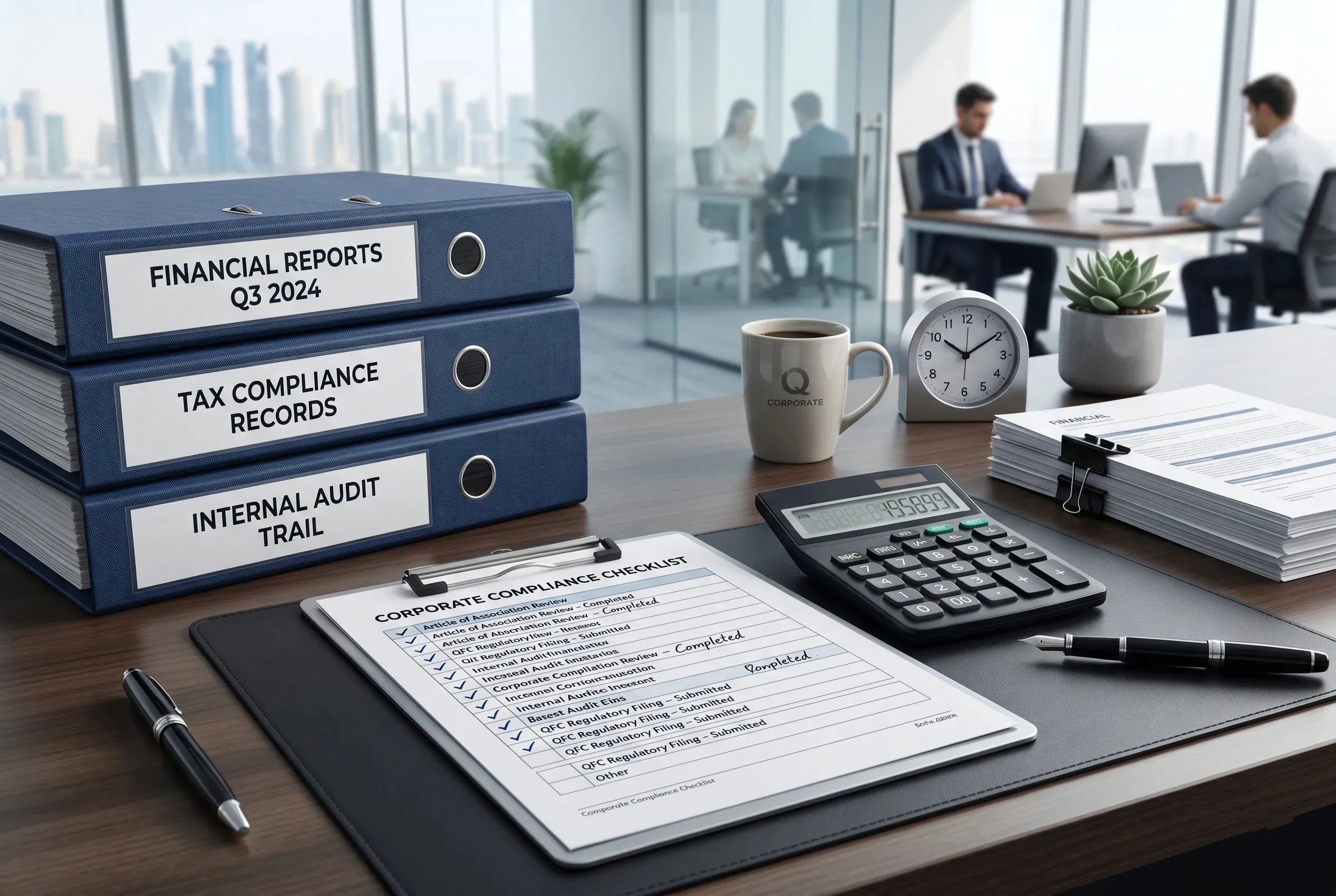 Audit checklist documents and financial papers on an office desk